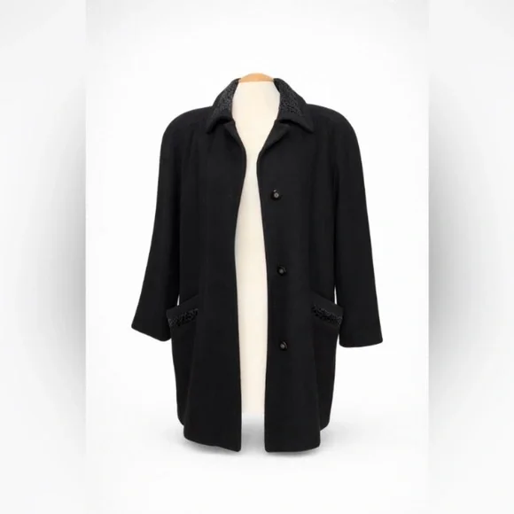 VINTAGE - Black Wool Coat with Shearling Collar | Minimalist Oversized Jacket - Picture 2 of 13